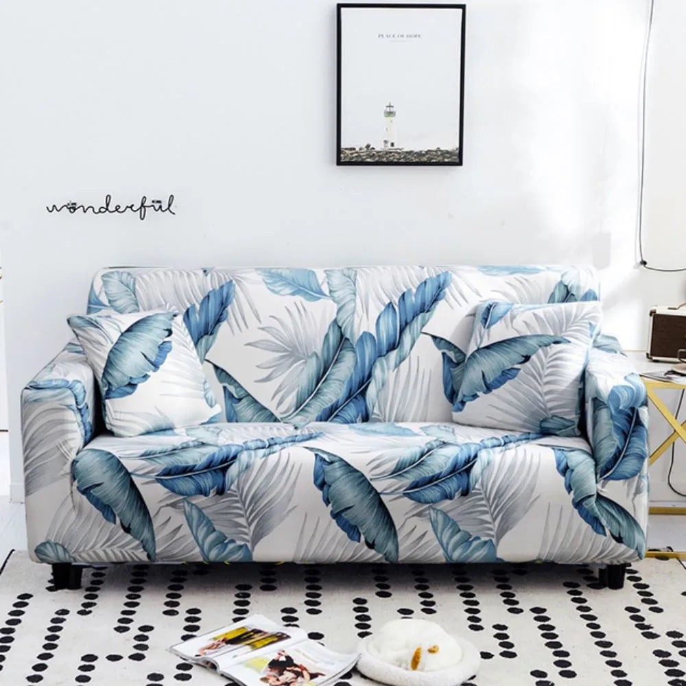 Foto da Capa de Sofá Spandex Special Folha Azul da Chame do Detalhe muito bonita