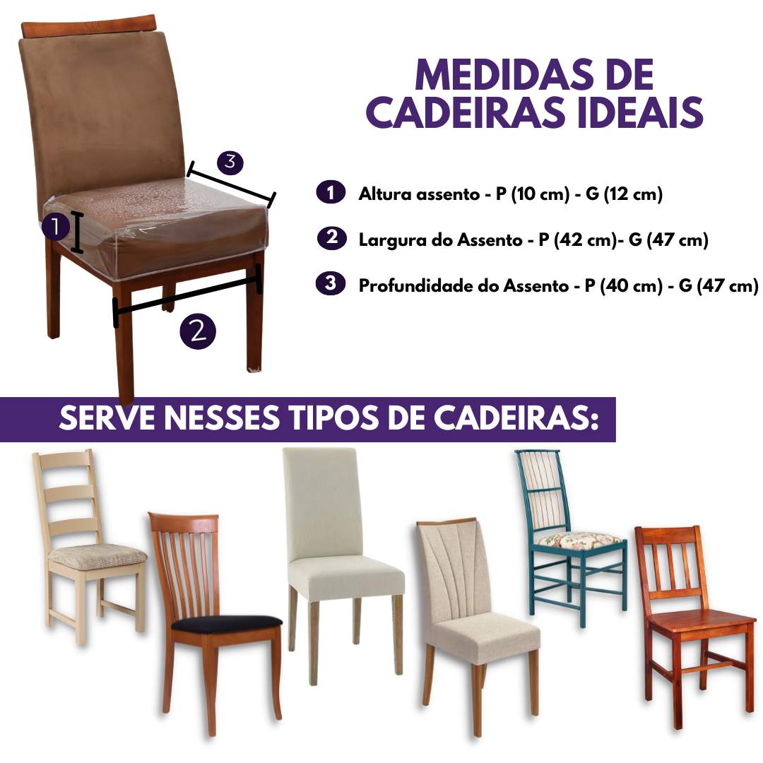 Confira as medidas da Capa Assento de Cadeira Impermeável Cristal  antes de comprar